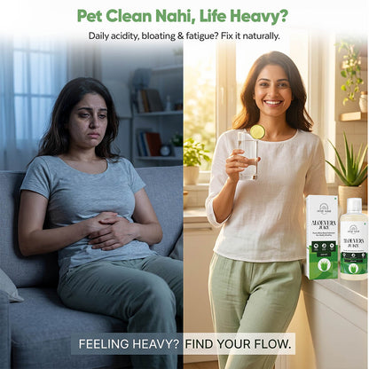 Woman experiencing discomfort on left, then feeling better with a drink and supplements on right.