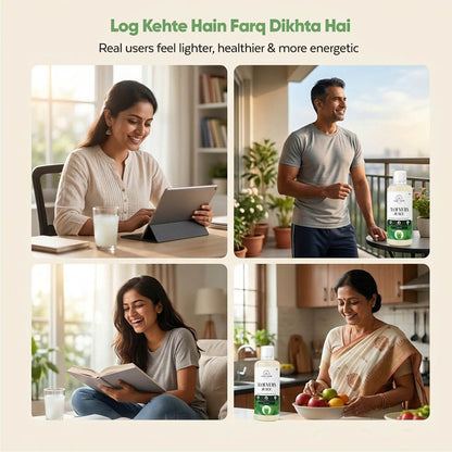 Collage of people using a product with text about health benefits.