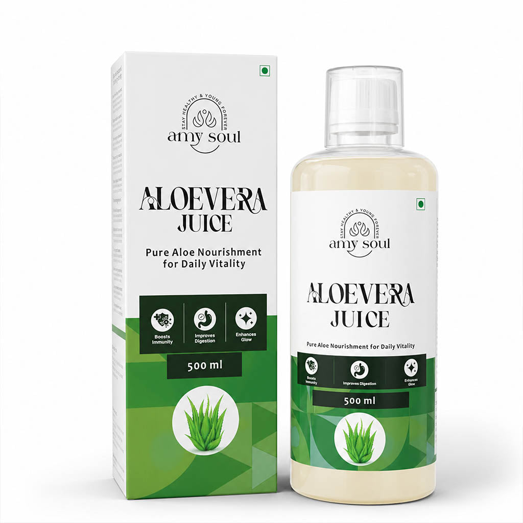 Aloe vera juice bottle and packaging with 'amy soul' branding on a white background