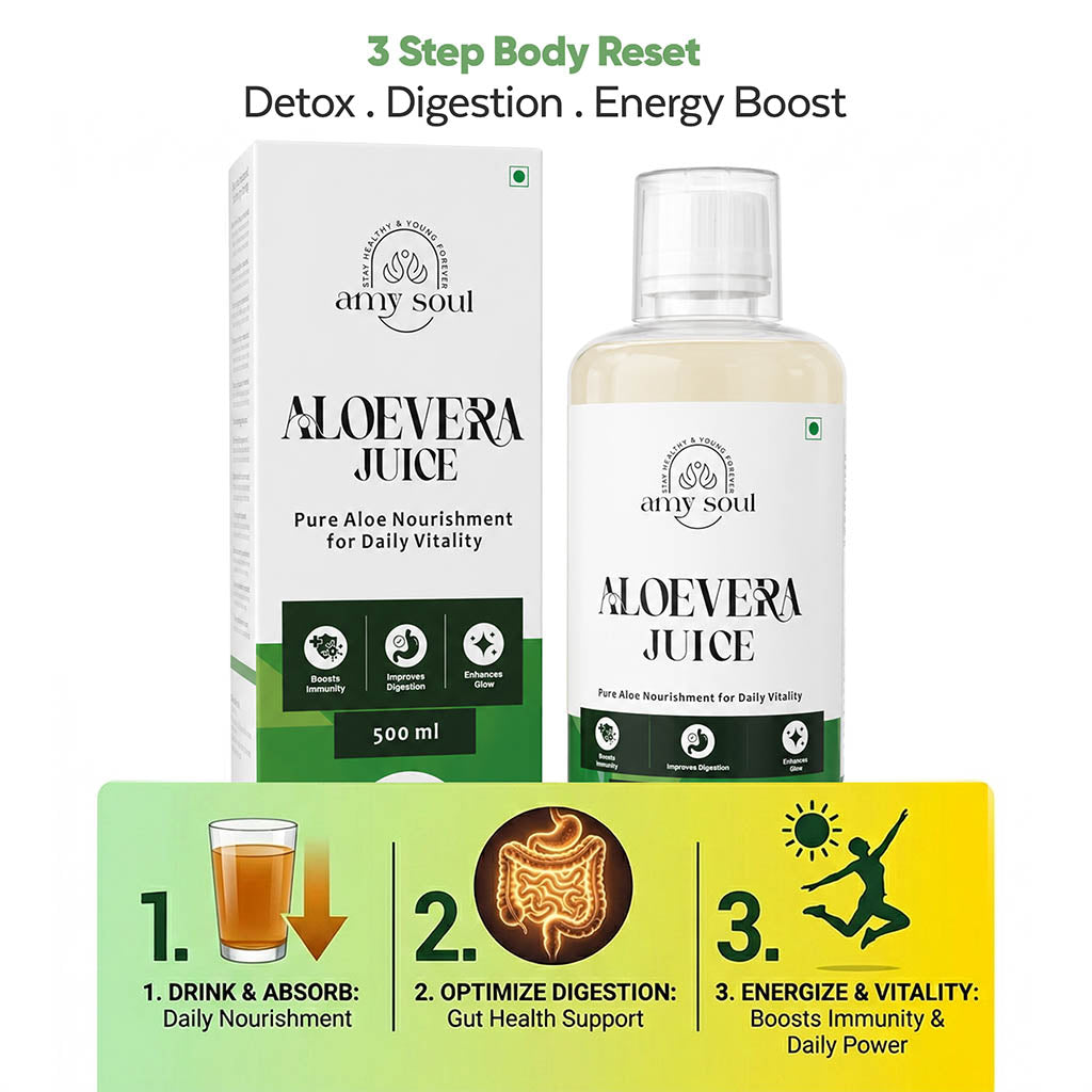 Amy Soul Aloe vera juice packaging with a bottle and box on a white background