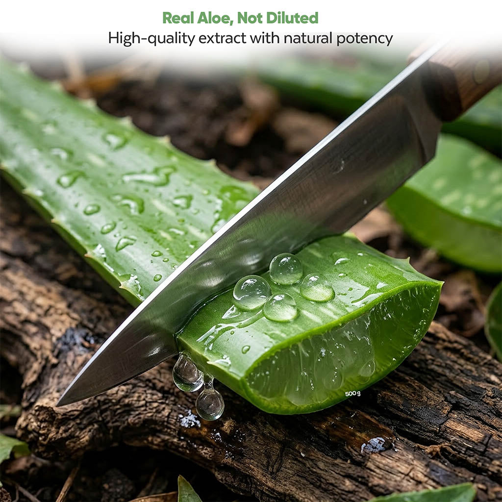 Knife cutting an aloe vera leaf with water droplets on a natural background, emphasizing high-quality extract.