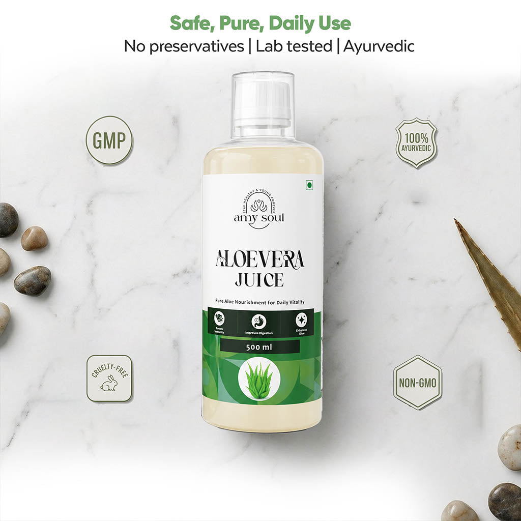 Bottle of Aloe Vera Juice with green label on a marble background
