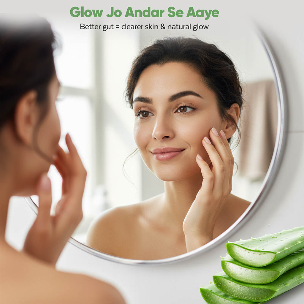 Woman examining her skin in a mirror with aloe vera slices at the bottom, promoting clearer skin and natural glow.