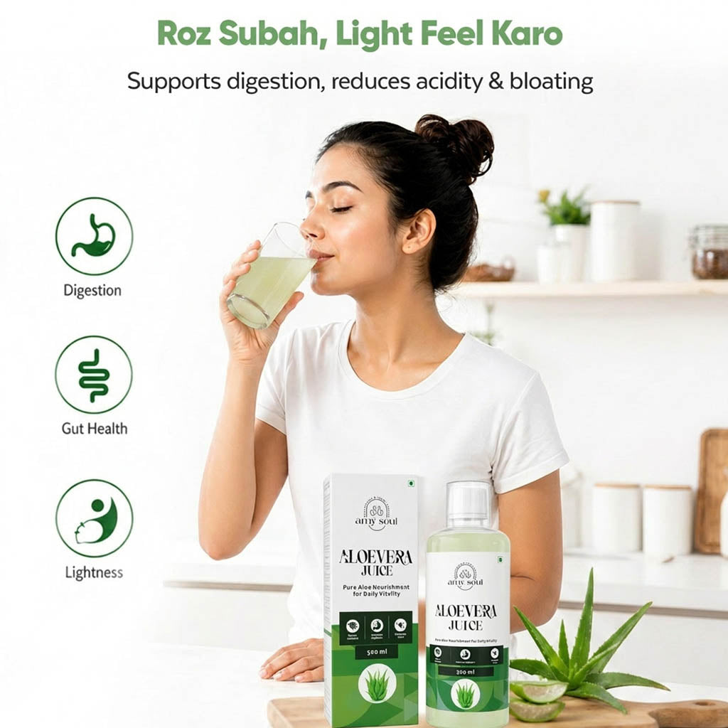 Woman drinking aloe vera juice with product packaging and text highlighting benefits on a white background