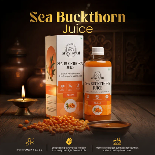 Amy Soul Sea Buckthorn Juice packaging and bottle on a wooden surface with decorative elements.