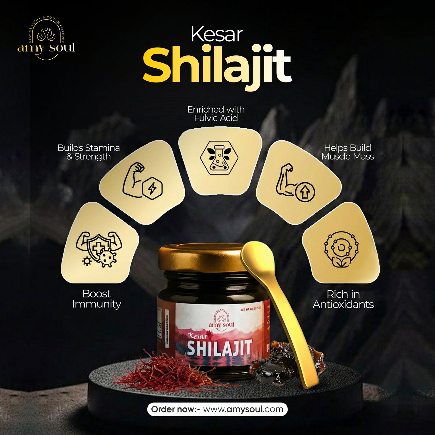 Kesar Yukt Shilajit – Himalayan Shilajit with Saffron for Strength, Energy & Vitality (20g)